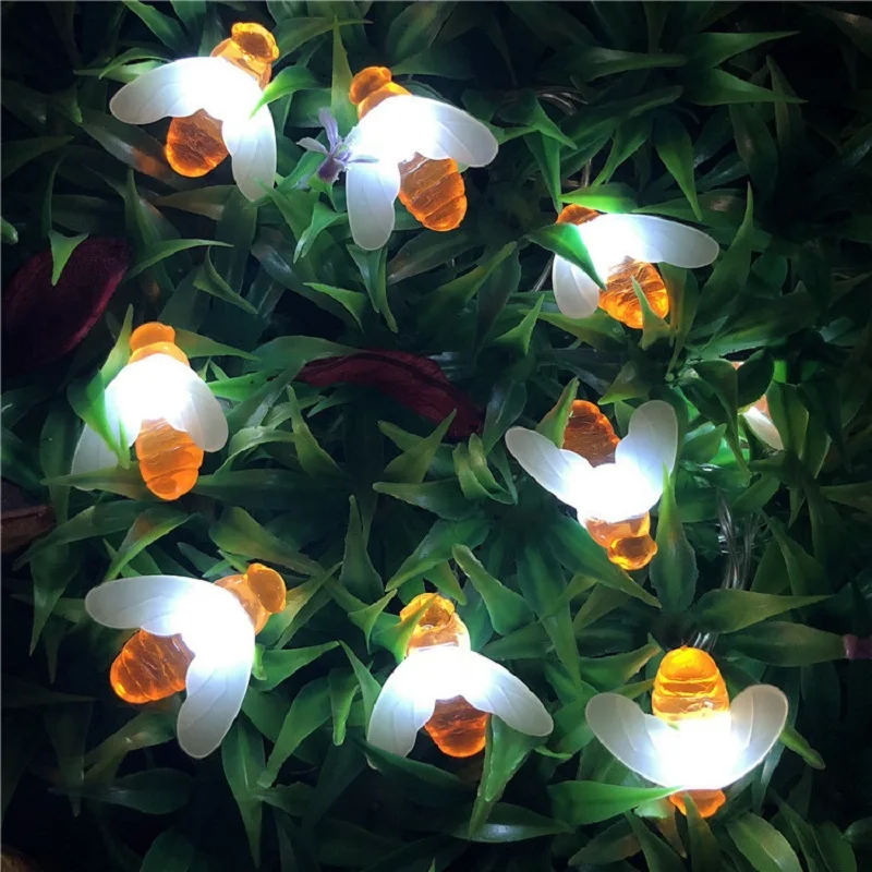 LED Solar Cute Mini Honey Bee Fly Shape String Fairy Light Waterproof Outdoor Garden Wall Decor Park Party Garland Light