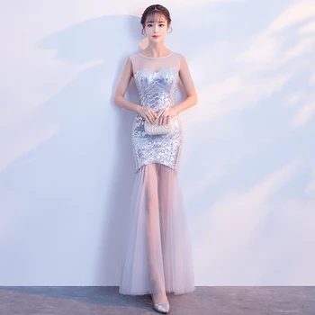 

Women Patchwork Mesh Qipao Sexy Perspective White Evening Party Dress Elegant Mermaid Cheongsam Bling Sequins Vestidos De Festa
