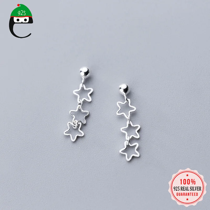 

ElfoPlataSi 100% 925 Solid Real Sterling Silver Jewelry Hollow 3 Star Stud Earring Gift For Women Girl Kid Lady ED201