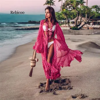 

Women Mesh Sheer Floral Print Bikini Cover Up Swimwear New Ruffles Long Maxi Dress Swim Bathing Suit Summer Beach Cover Ups