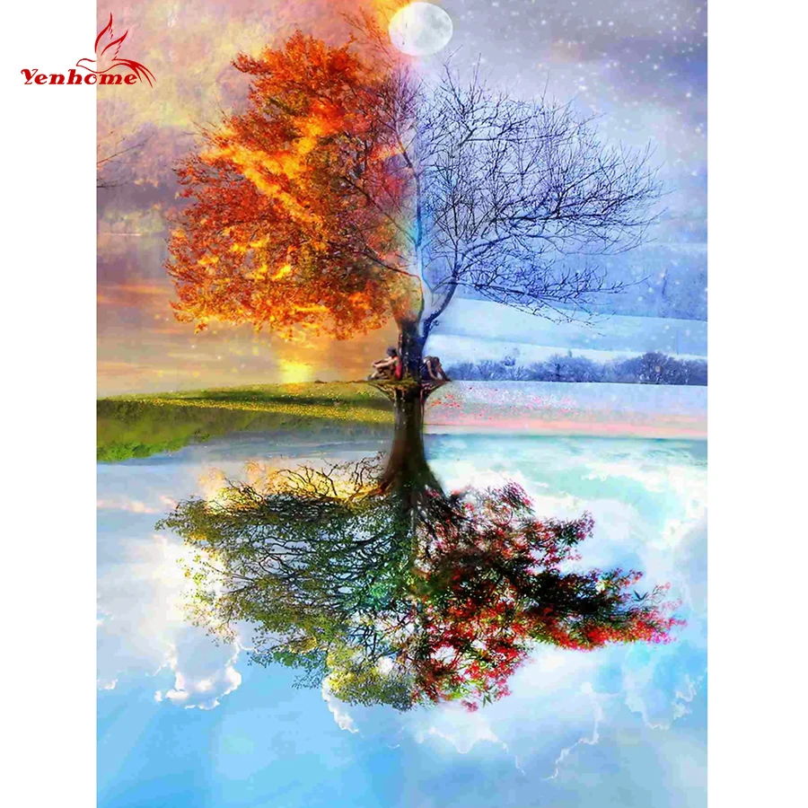 

DIY Acrylic Frame Oil Painting by Numbers Seasonal Tree Canvas Drawing Wall Pictures for Bedroom Playroom Decor Wall Art Mural