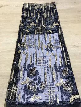 

Navy Blue Handmade Beaded Sequence Material African Organza Mesh High Quality Embroidery French Tulle Sequins Lace Fabric YU1033
