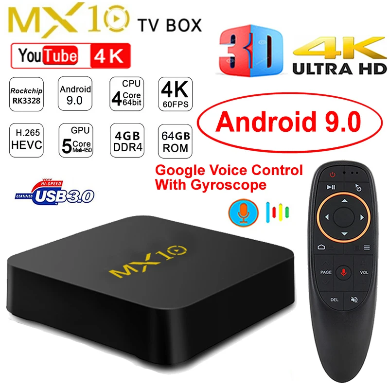 Android 9,0 MX10 Smart tv BOX DDR4 4 ГБ ОЗУ 64 Гб ПЗУ четырехъядерный процессор Rockchip RK3328 4K 3D Wifi USB 3,0 IP tv Android умная приставка