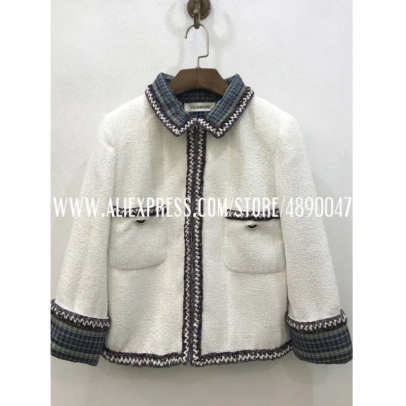 

Spring Autumn 2020 Women's New tweed coat pocket button jacket ladies retro jacket high quality Lapel Tweed Plaid Collar jacket