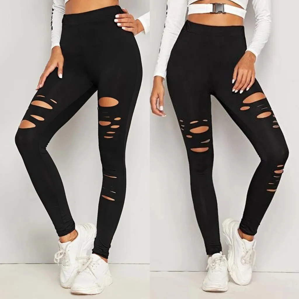Womens Hole Solid Color Leggings Sports 