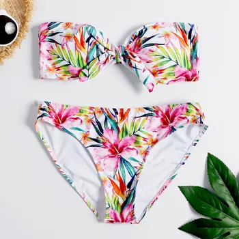 

#Z15 Bow Knot Print Women Bikini Set Wrap Chest Padded Bandeau Bikini Push Up Swimwear Women Swimsuit Bikini Set Bathing suit