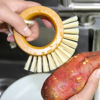 

Pot Brush Bamboo Round Mini Scrub Brush Natural Scrub Brush Wet Cleaning Scrubber For Wash Dishes Pots Pans Fruit Vegetables