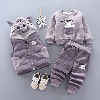 

2020 Winter Children Clothing Sets Baby Boy Clothes Coral Fleece Cartoon Printing Plus Warm Velvet Thick Sweater Hooded Clothing