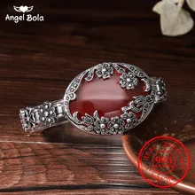 Натуральный красный камень винтажные цветы браслет настоящий 925 пробы Серебряный Овальный Красный Гранат S925 тайский серебряный браслет для женщин ювелирные изделия