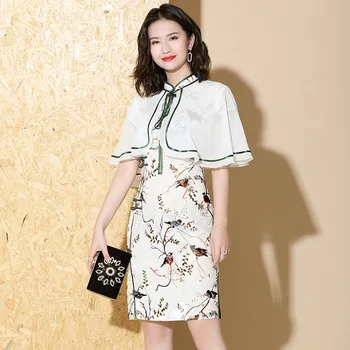 

2020 spring women Improved cheongsam waist stand-up collar temperament Chinese style long embroidered Shawl dress Two piece suit