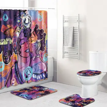 

4Pcs/Set Lovers Pattern Non-slip Mat Rug Cover+Shower Curtain Set PVC Toilet Toilet Seat Covers Bathroom Home Decor