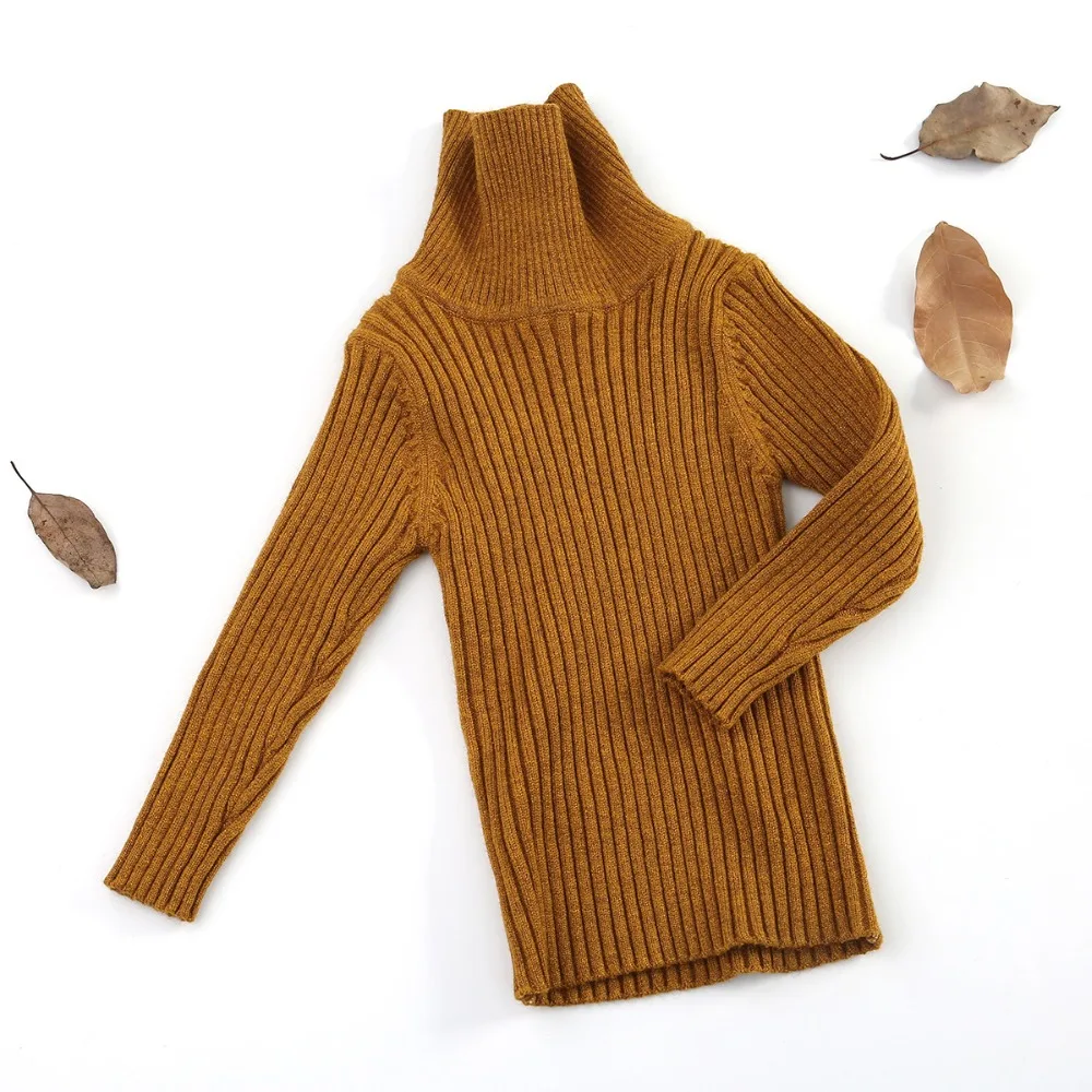 Осенне-зимние вязаные пуловеры для маленьких девочек, свитера, топы с высоким воротником, однотонные свитера с воротником с рюшами для малышей