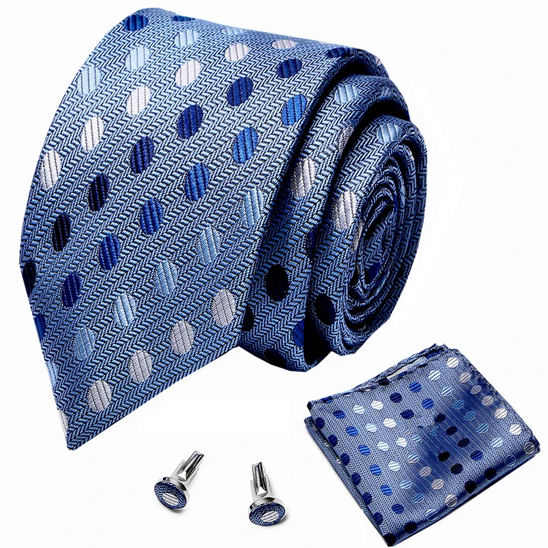 

2020 New Classic Dot Tie Men's 7.5cm 100% Silk Blue Necktie Set Wedding Tie Hanky Cufflinks Set