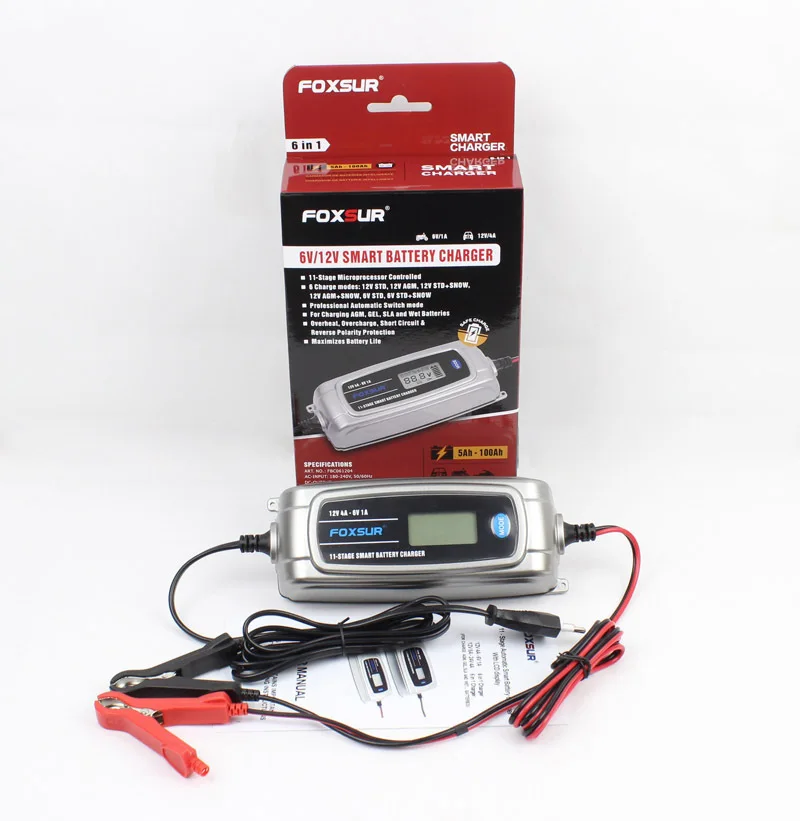 

Foxsur 12V 4A 6V 1A 11-Stage Smart Battery charger LCD Displ
