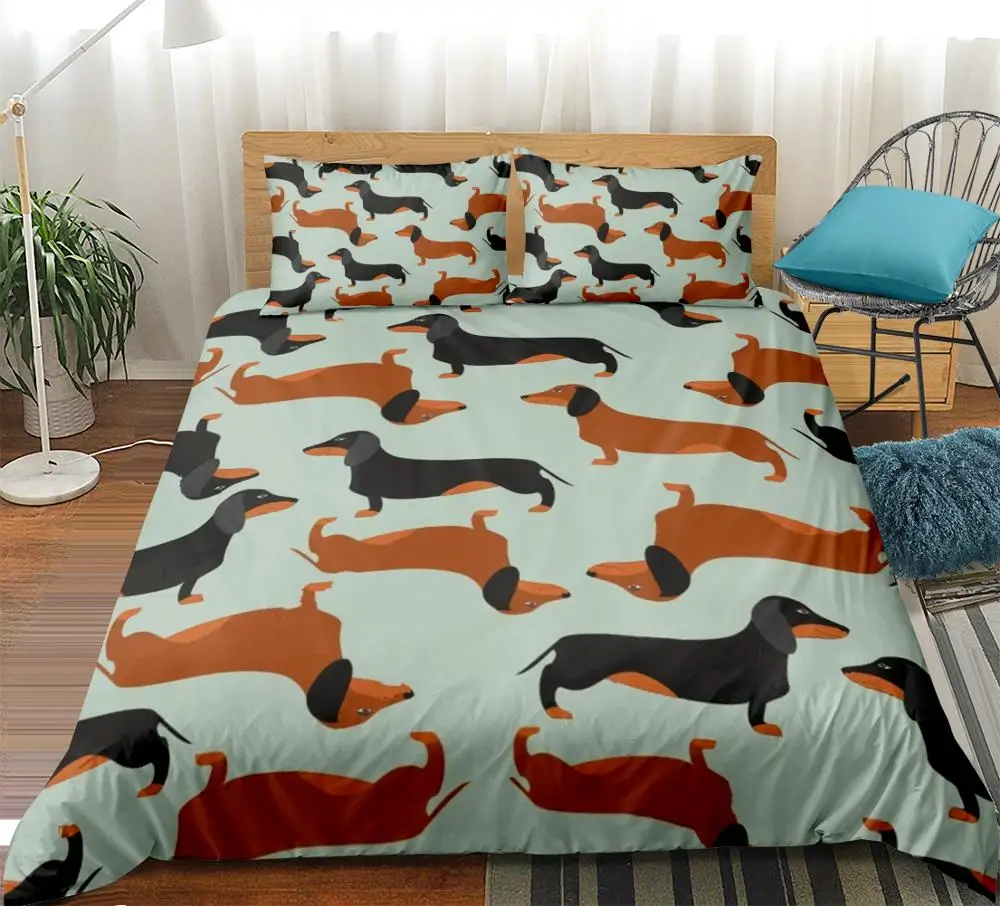 

3-piece Bedding Set Cute Sausage dog Duvet Cover Set Green Background Bed Cover Animal pattern for pet Lover