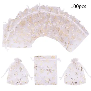 

100pcs Jewelry Bag Display Jewelry Pouches Candy Gift Bags Golden Snowflake Printing Gauze White Organza Bag New