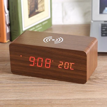 

Wooden Clock Voice Control Silence Electronic Clock Wireless Charger Wooden LED Alarm Clock Sound Control Time Date Temperature