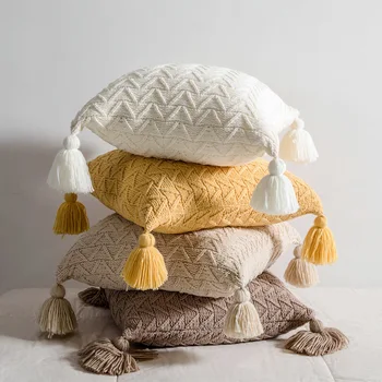 

45x45cm Nordic Chenille Knitted Square Cushion Cover Yellow Pink Pillow Cover with Tassels Sofa Bed Chair Decorative Pillowcase