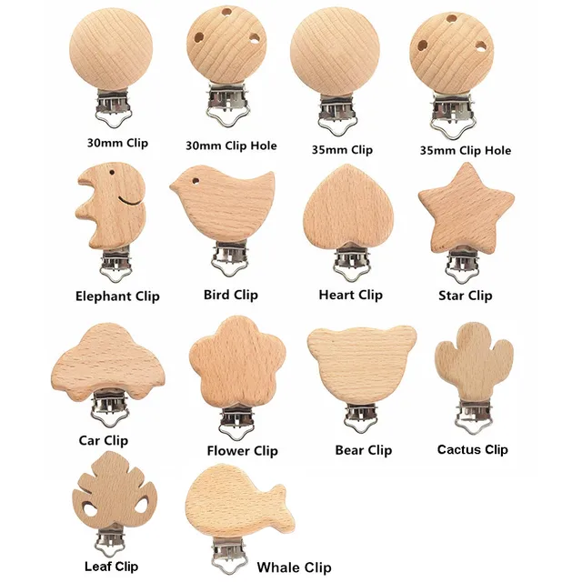 Chenkai 50PCS Wooden Bear Flower Car Heart Bird Elephant Round Star Clips BPA Free For DIY Baby Nature Pacifier    Chain Gifts Mixed