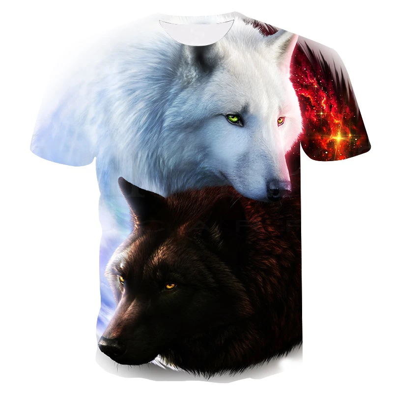 

Summer T shirt Men Streetwear Round Neck Short Sleeve Tees Tops Funny Animal Male Black White Wolf Clothes Casual 3D Print Shirt