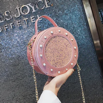 

Women's bag 2020 new Korean fashion rivet sequin shoulder bag new chain round messenger bag ladies portable small round bag