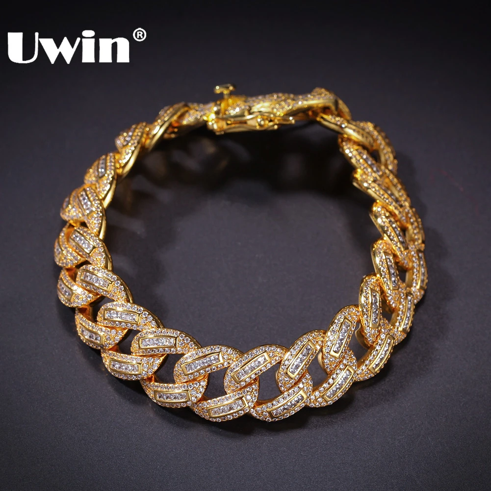 UWIN роскошный кубический циркониевый браслет с кубинским звеном, браслет с фианитами, модные мужские ювелирные изделия 15 мм, Прямая