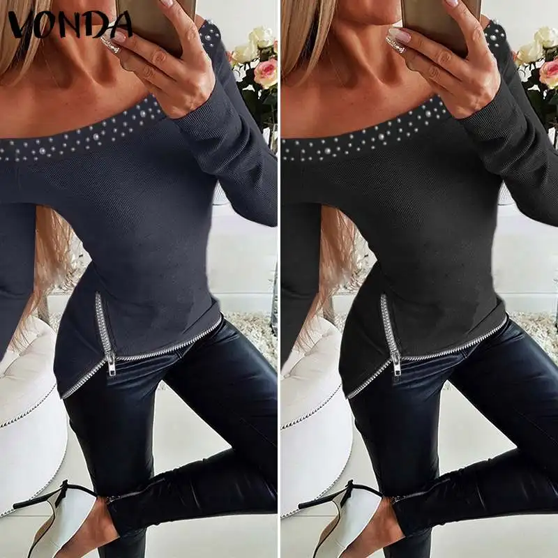 VONDA, женская блузка с открытыми плечами, топы, осень, Повседневный, длинный рукав, на молнии, тонкий пуловер, женские вечерние рубашки размера плюс, блуза