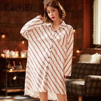 

CAIYIER 2020 Stripe Women Leisure Nightgown Silk Turn-down Collar Bathrobe Wither Long Sleeve Ladies Shirt Skirt Girl Nightdress