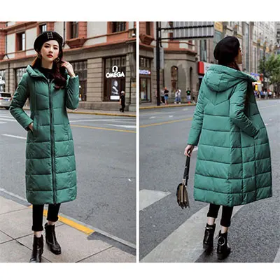 Длинные с капюшоном плотные тонкие теплые пуховые пальто женские повседневные однотонные карманы на молнии Зимняя хлопковая верхняя одежда женские большие размеры пальто куртки - Цвет: Light-green