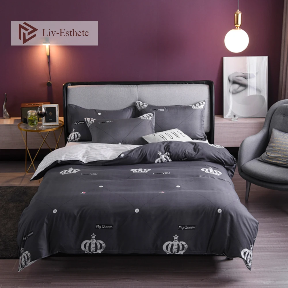 

Liv-Esthete Crown Pattern Gray Bedding Set Reactive Printed Single Double Queen King Bed Set Decor Duvet Cover Set Pillowcase