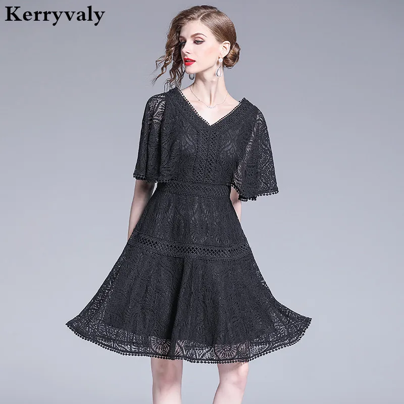 Новое Женское летнее черное кружевное платье с v-образным вырезом Vestidos De Verano Mujeres повседневное вечернее платье с рукавом в виде листа лотоса zomer jurk KA029