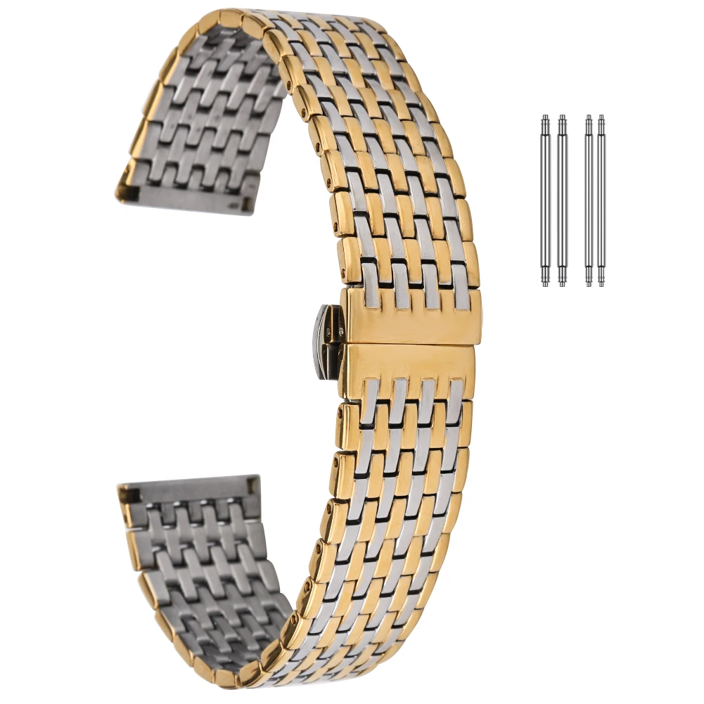 Stainless Steel Strap 20mm 22mm Metal Watch Band Link Replacement Butterfly Buckle Gold Bracelet Wristband Men Women Accessories
