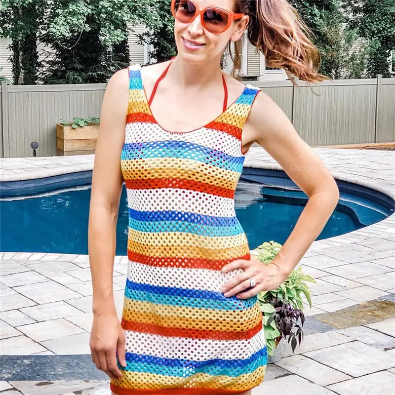 Разноцветное летнее пляжное мини-платье в полоску, Женская туника, купальник, накидка, бикини, накидка, саронг ПЛАЖ# Q726 - Цвет: Многоцветный