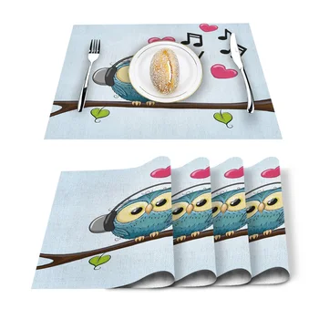 

Cartoon Owl Music Love Heart Placemat Washable Cotton Linen Table Cloth Pad Mat Rectangle Placemats Heat Resistant