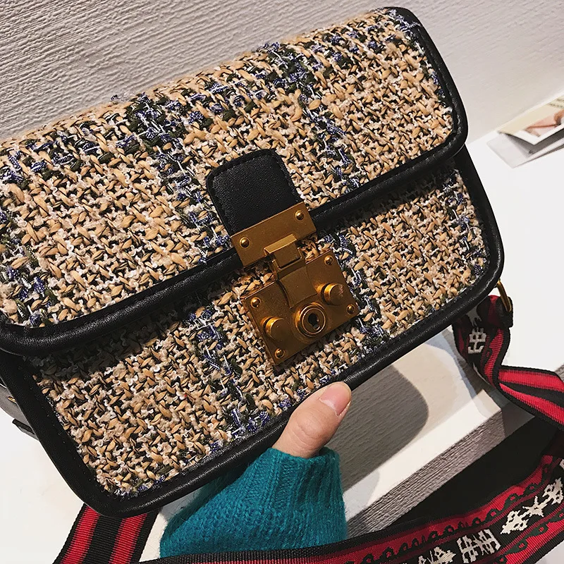 

Korean-style Woolen Plaid Thousands of Birds Color Square Sling Bag Pig Nose Lock Shoulder Oblique WOMEN'S Bag