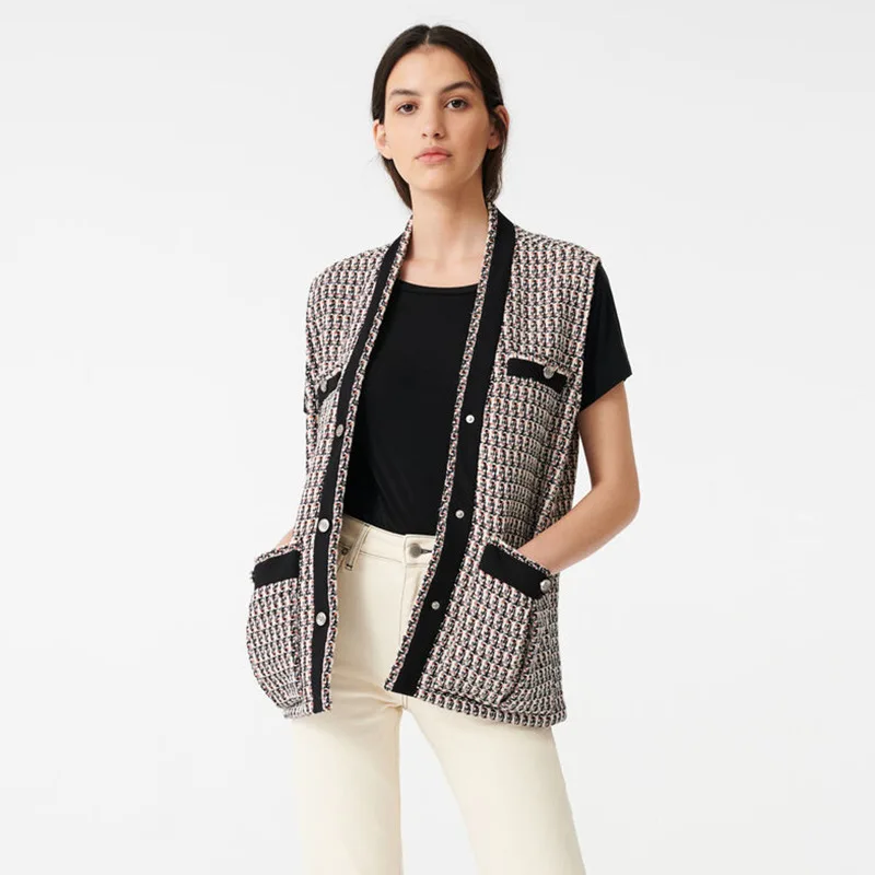 

2020 New Spring Summer Vest Contrast Pocket Tweed Plaid Houndstooth Temperament Women V Neck Single Breasted Top Coat + skirt