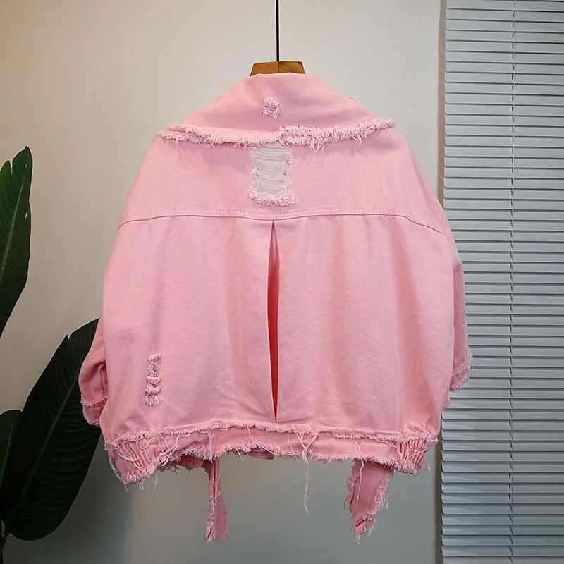 Kaufen 2019 kurze Denim Jacke Frauen Casual Lose Kühle Mädchen Outwear Frühling Herbst Weibliche Korean Candy Farbe Taschen Loch Jeans Mantel