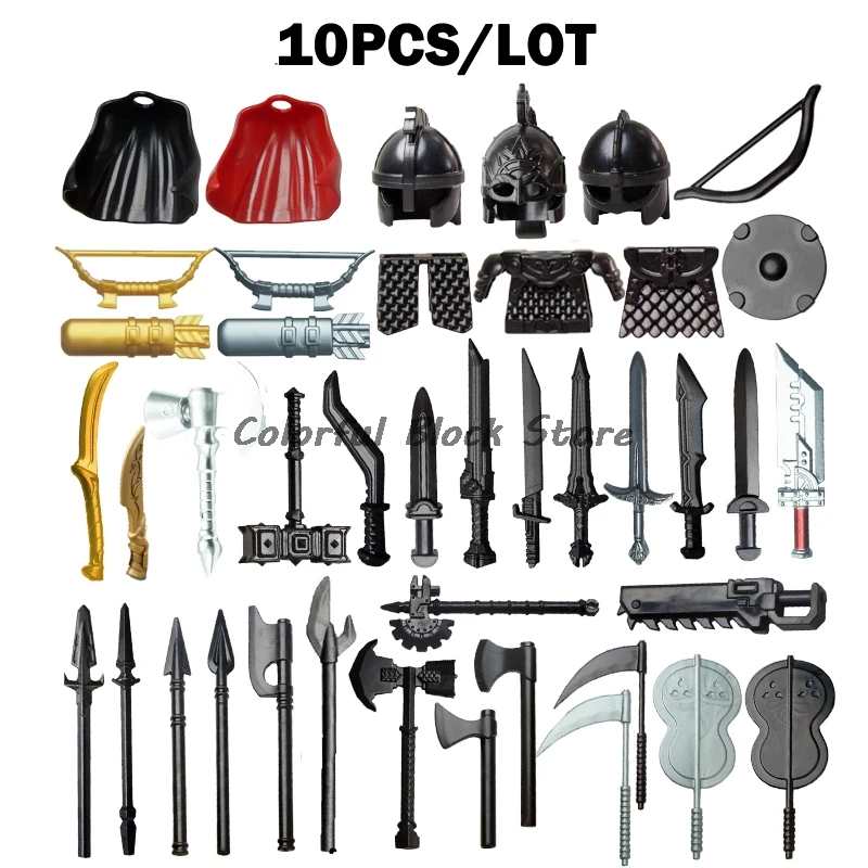 10PCS/LOT Soldiers Weapon Accessories Helmets Sword Shield Bow Arrows Axes Spear Cloak Darts Armor Building Block Toy Child Gift