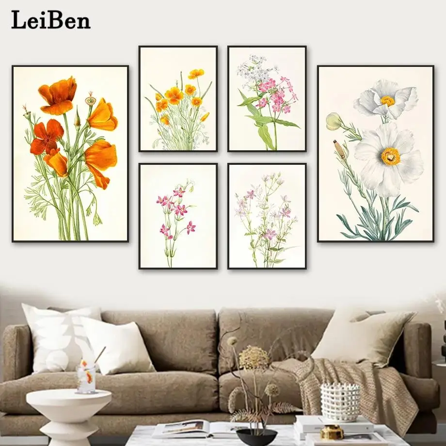 Cartoon Flower Poster Poppy Violet Daffodil Floral Canvas Painting Nordic Wall Art Prints Pictures For Living Room Cuadors Decor