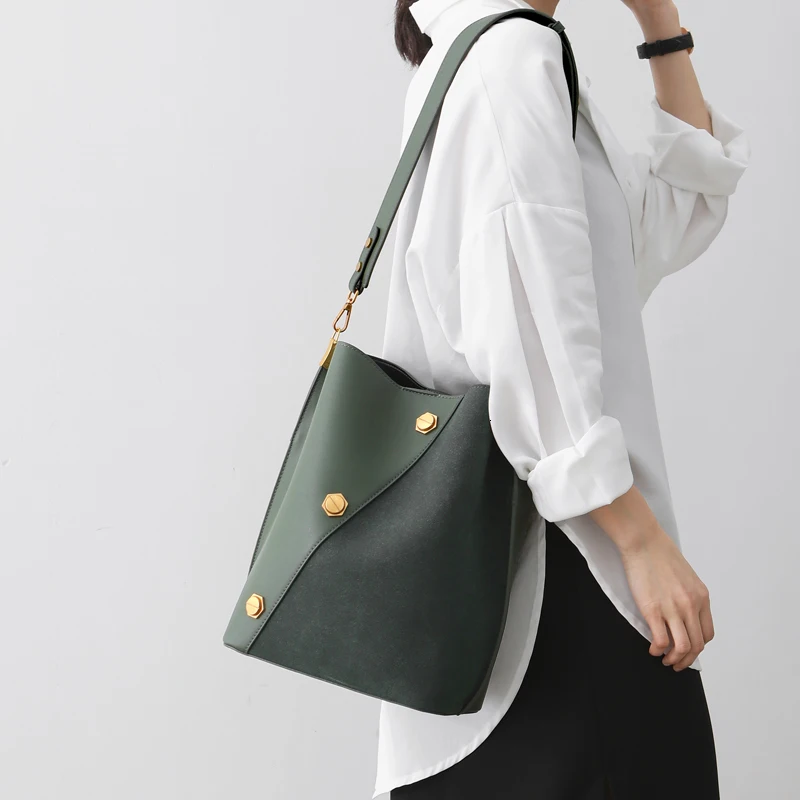 Зимняя винтажная Замшевая сумка-ведро, женские большие зеленые кошельки и сумки, женская сумка через плечо с широким ремешком