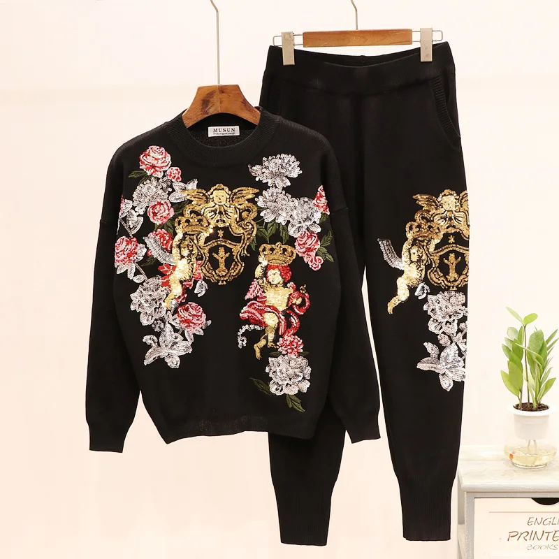 

Spring Fashion Black Gray Knitted Set Women Tracksuit Sequins Flowers Long sleeve Sweater + Pencil Pants Female Casual Knit Suit