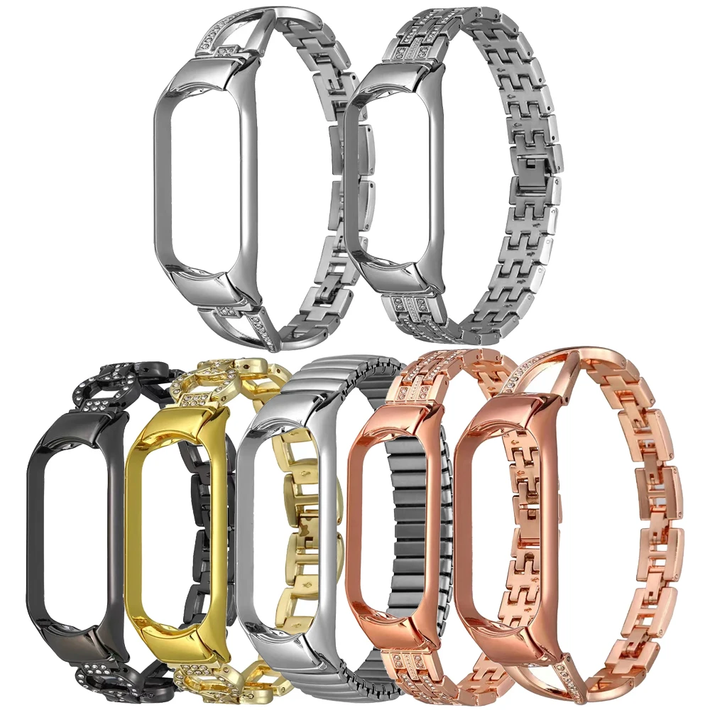 

304 Metal Band Diamond Strap For Xiaomi band Mi band 3/4/5/6 Stainless steel Replacement Watchbands bracelet buckle Wristband