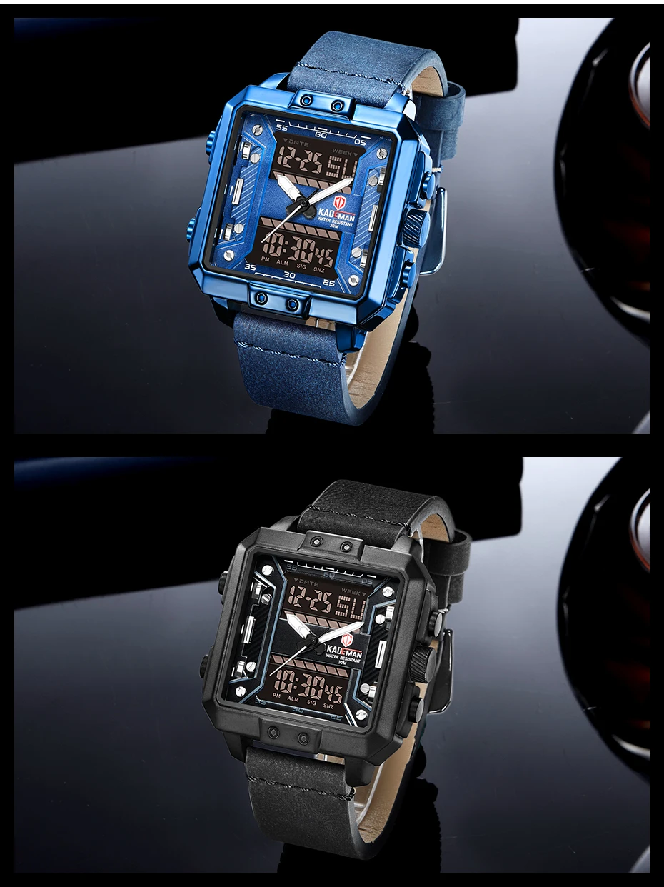KADEMAN Новые квадратные часы для мужчин лучший бренд класса люкс двойной дисплей наручные часы водонепроницаемые спортивные военные мужские часы Relogio Masculino