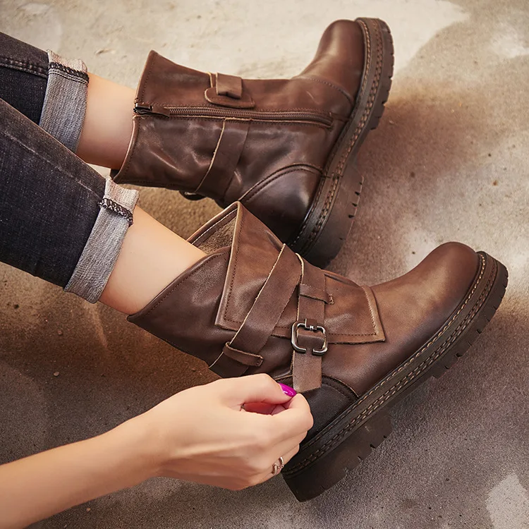 

Classics Fashion Womens Boots Ankle Short Round Toe Low Vintage Boots Solid Buckle Winter Big Size Shoes