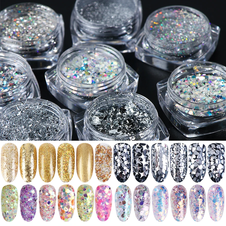 

8 Box Nail Glitter Sequins Set Gold Sliver Mix Hexagon Round Flakes Chrome Nail Art Powder Dust Manicure Nail Decoration SA1506