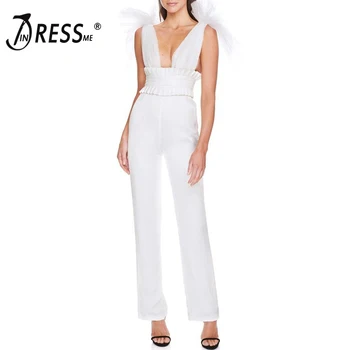 

INDRESSM Deep-V Bandage Jumpsuit Sleeveless Backless Lace Bow Mesh Front Long Pants Party Bodycon Rompers Jumpsuit 2019 New Wome
