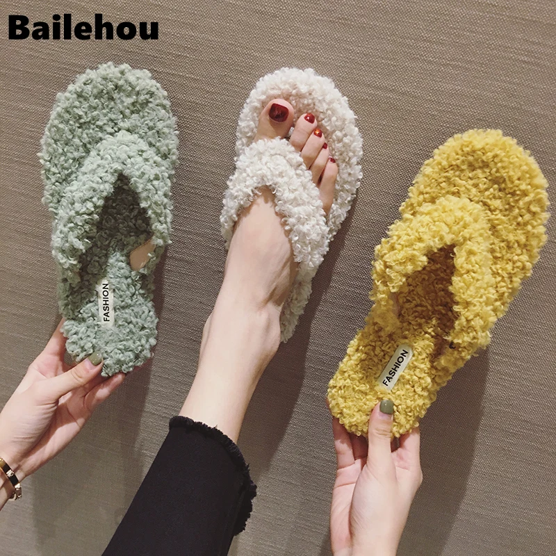 

Bailehou 2019 New Casual Women Slipper Faux Fur Warm Slip on Flip Flop Female Fluffy Fur Home Slipper Ladies Flat Slides