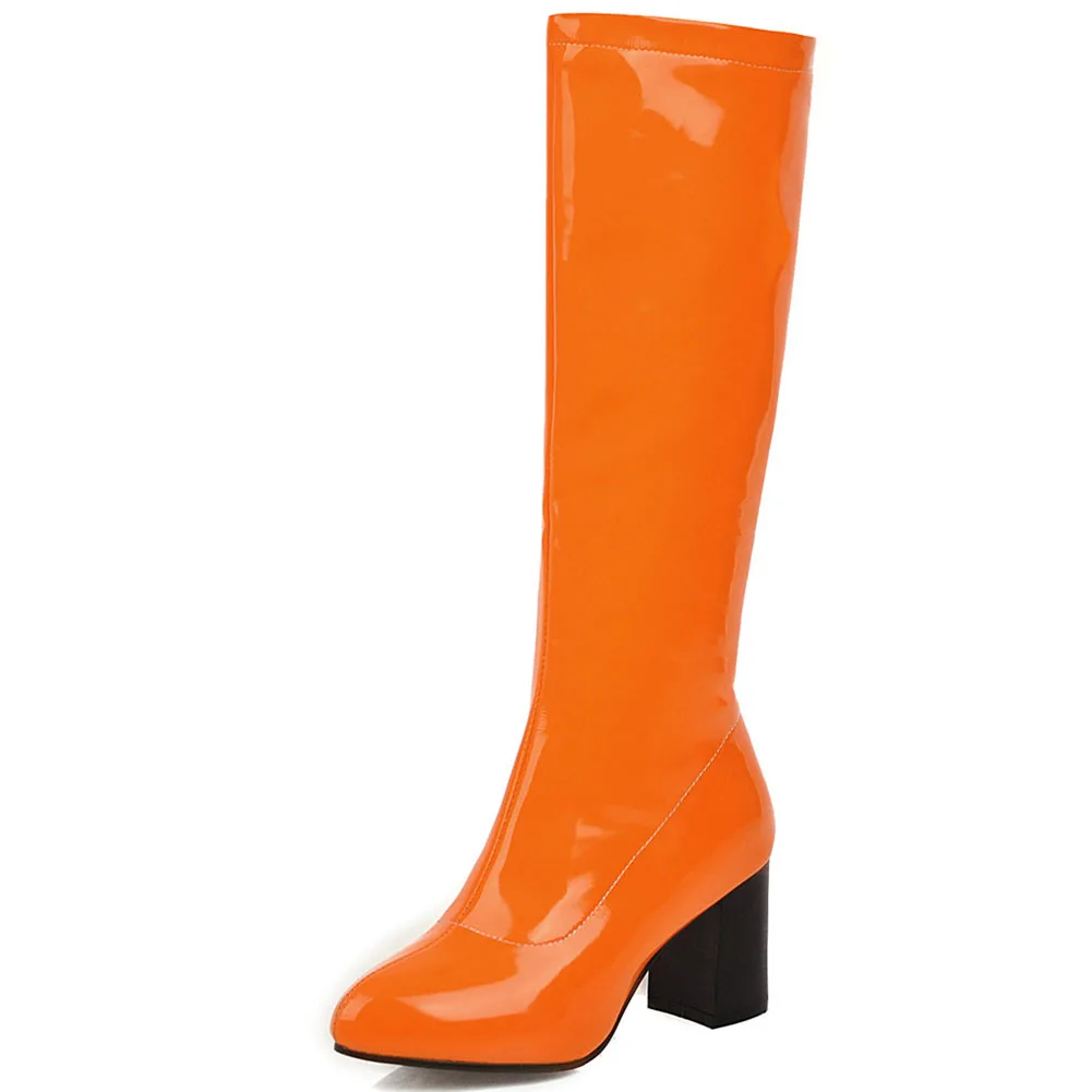 BONJOMARISA/новые модные ботинки до середины икры из лакированной искусственной кожи, большие размеры 34-48 женские ботинки на меху на молнии г. Женская обувь на высоком каблуке - Цвет: Оранжевый