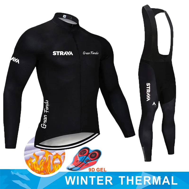 

STRAVA Pro Team Winter Thermal Fleece Cycling Clothes Men Long Sleeve Jersey Suit Outdoor Riding Bike MTB Clothing Bib Pants Set