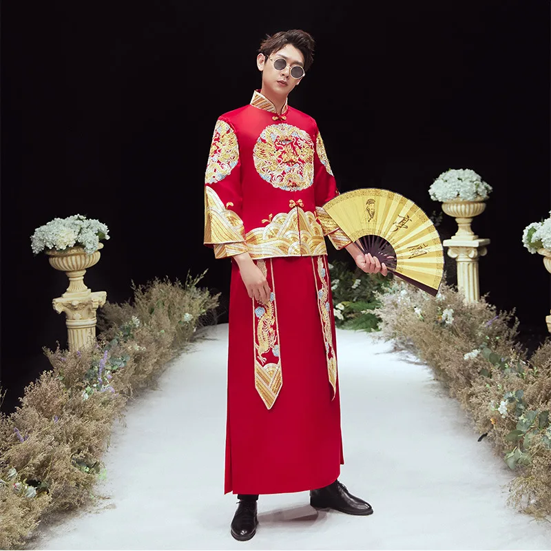 Terno Noivo Colete Gravata New Chinese Bridegroom's Dress Ancient Wedding Men's Tang Suit Style Dragon Phoenix Jacket Xiuhe